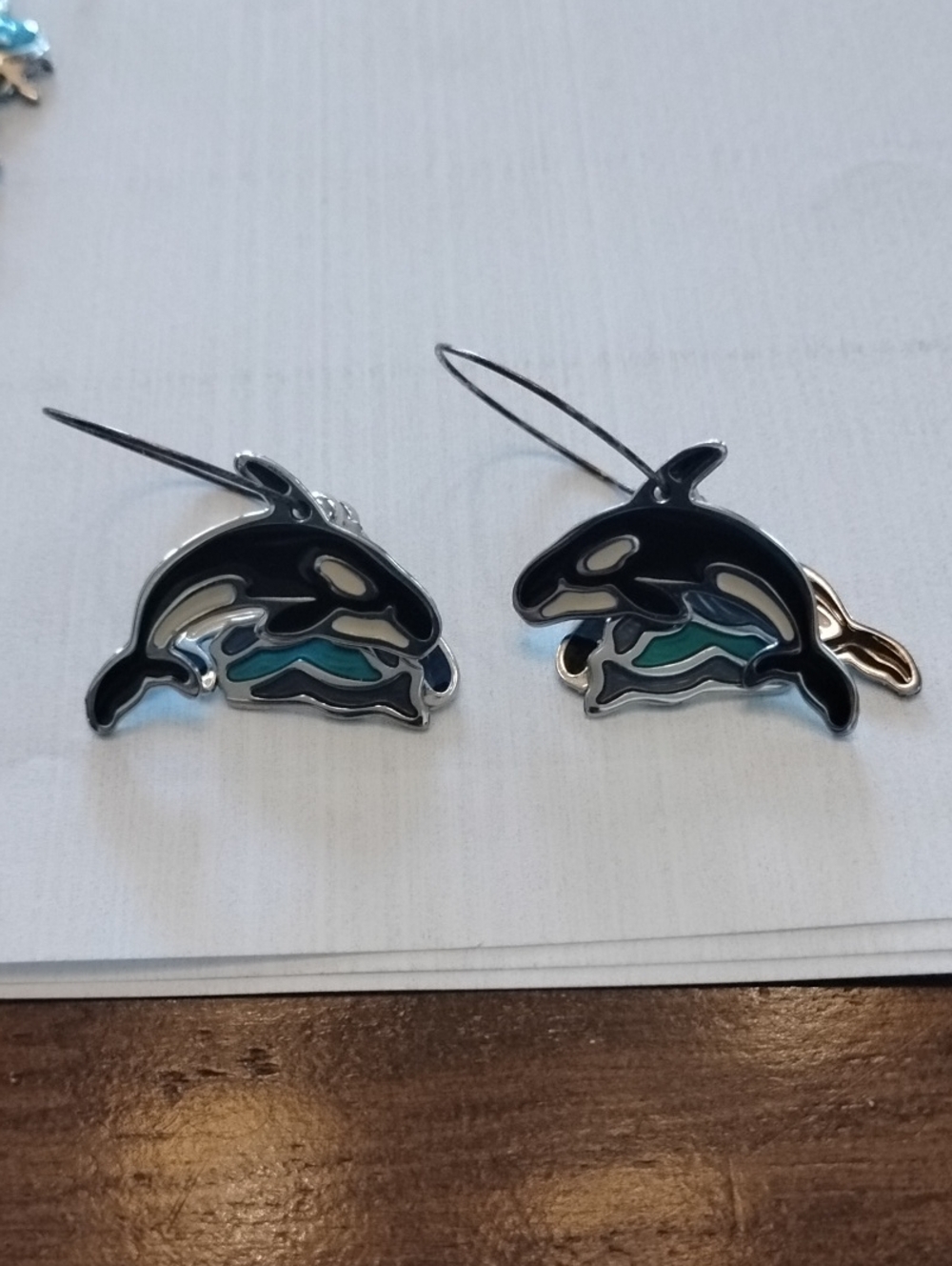 Orca Whale Enamel Drop Earrings in Black, Navy and Teal NWOT